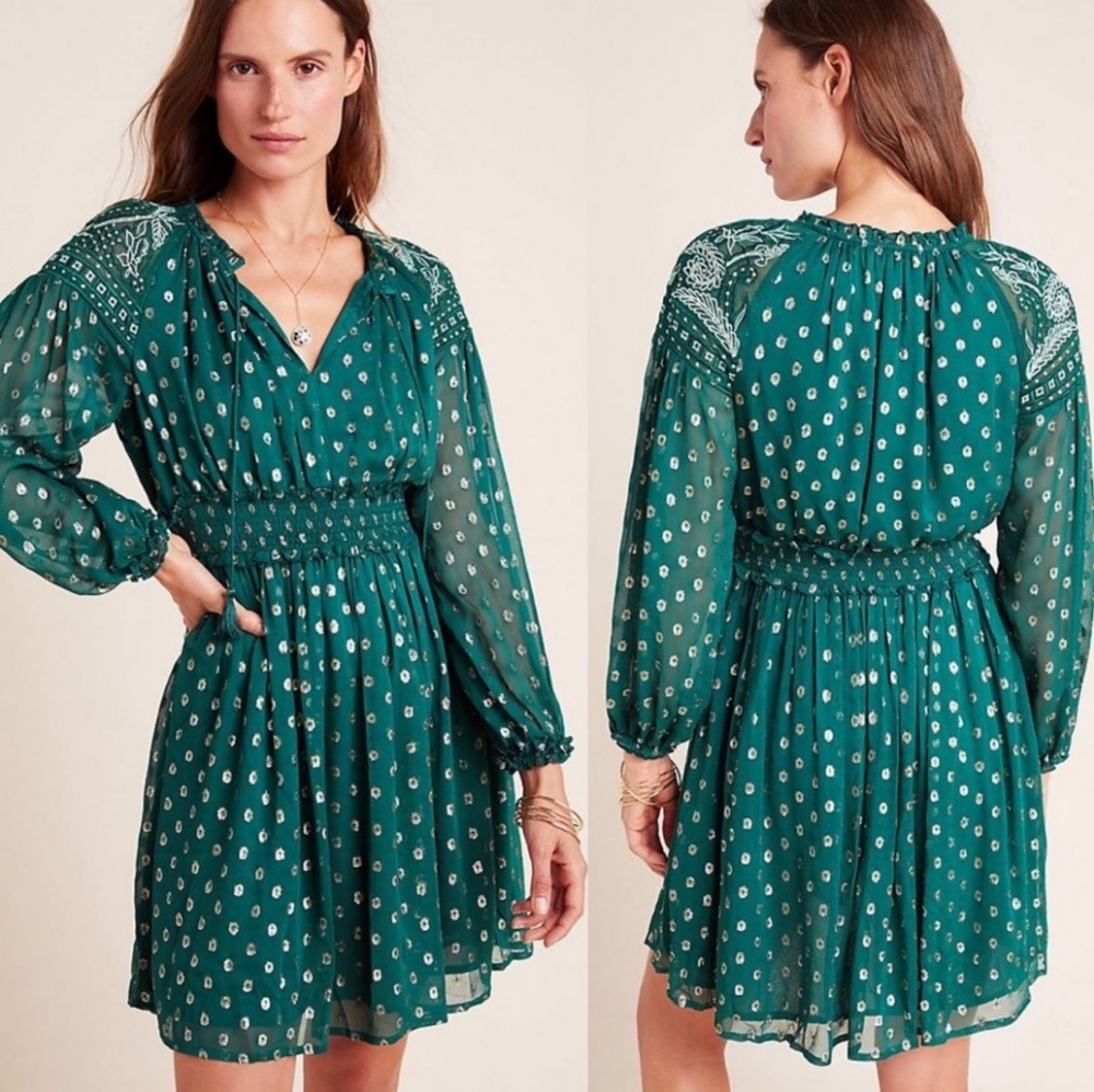 RANNA GILL x Anthropologie Hazell Green Gold Embroidered Jeweled Tassels Dress
